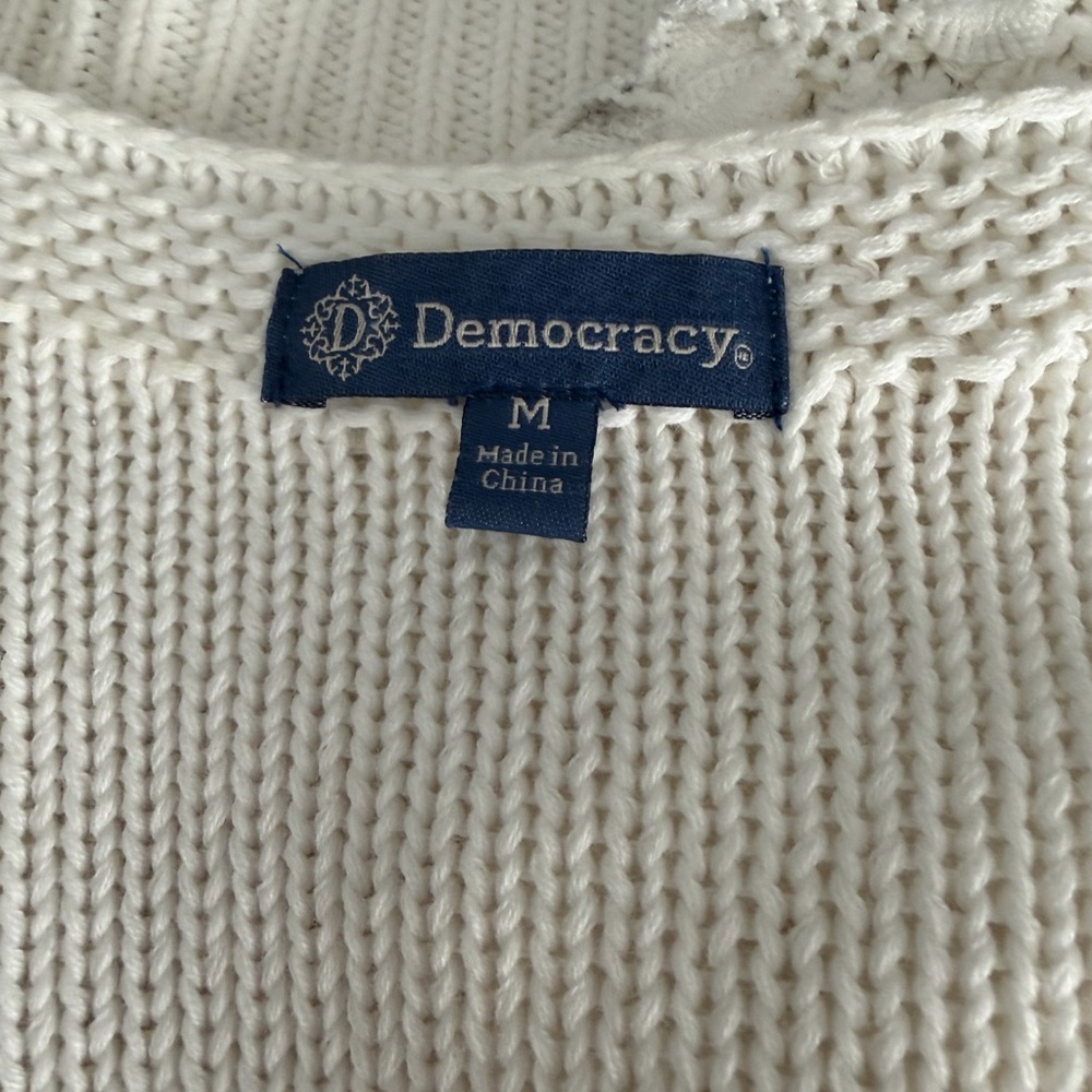 Democracy Cream V-Neck Open-Knit Sweater with Lace Flutter Sleeves - Picture 4 of 4